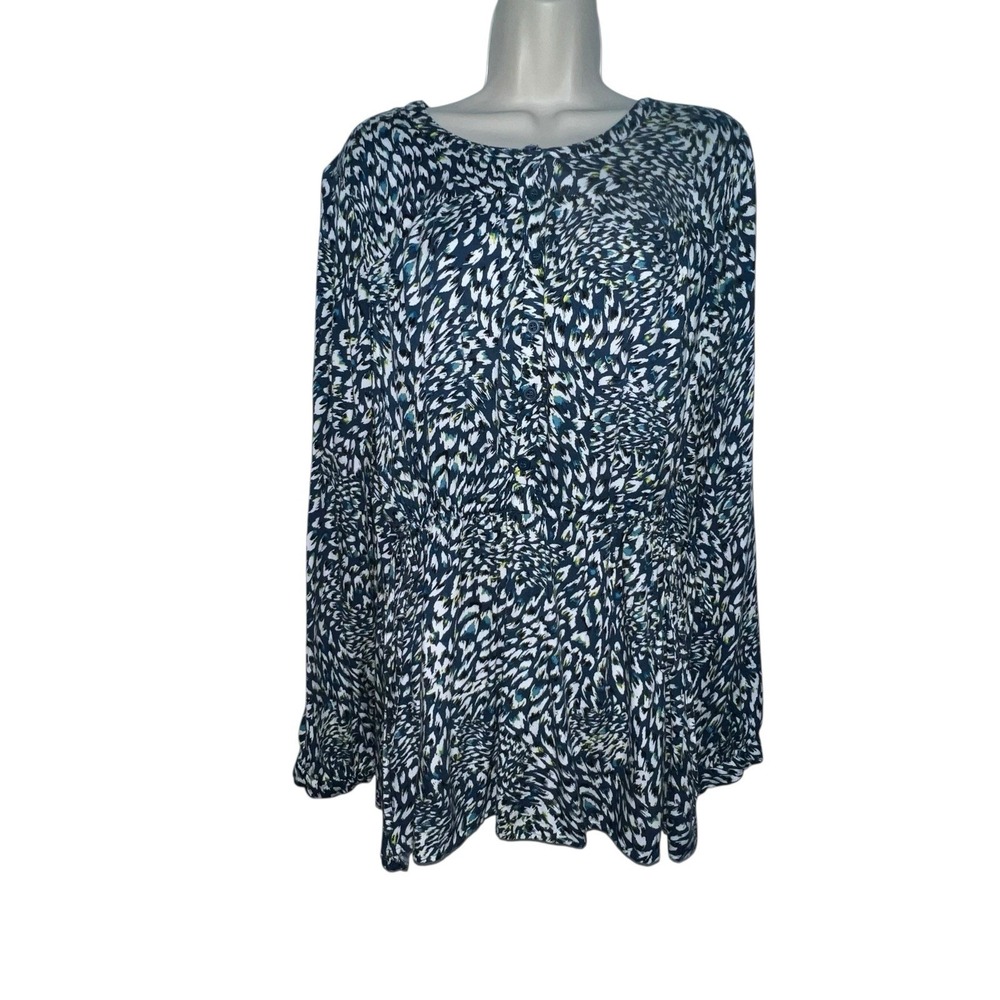 Lane Bryant Women's Blouse Top 18/20 Blue White Abstract Print Long Sleeve Flowy